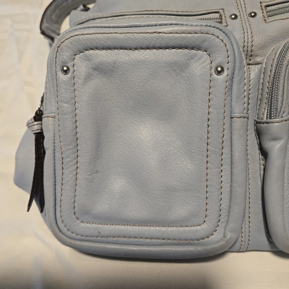 Tignanello Light Blue-Gray Genuine Leather Handbag Outer Zippered Pouch Pockets - Picture 3 of 16